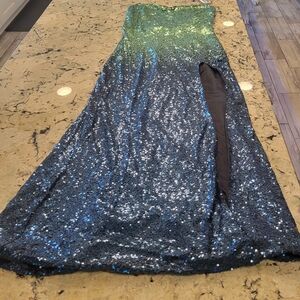 Green and Blue Sequin Gown with Slit